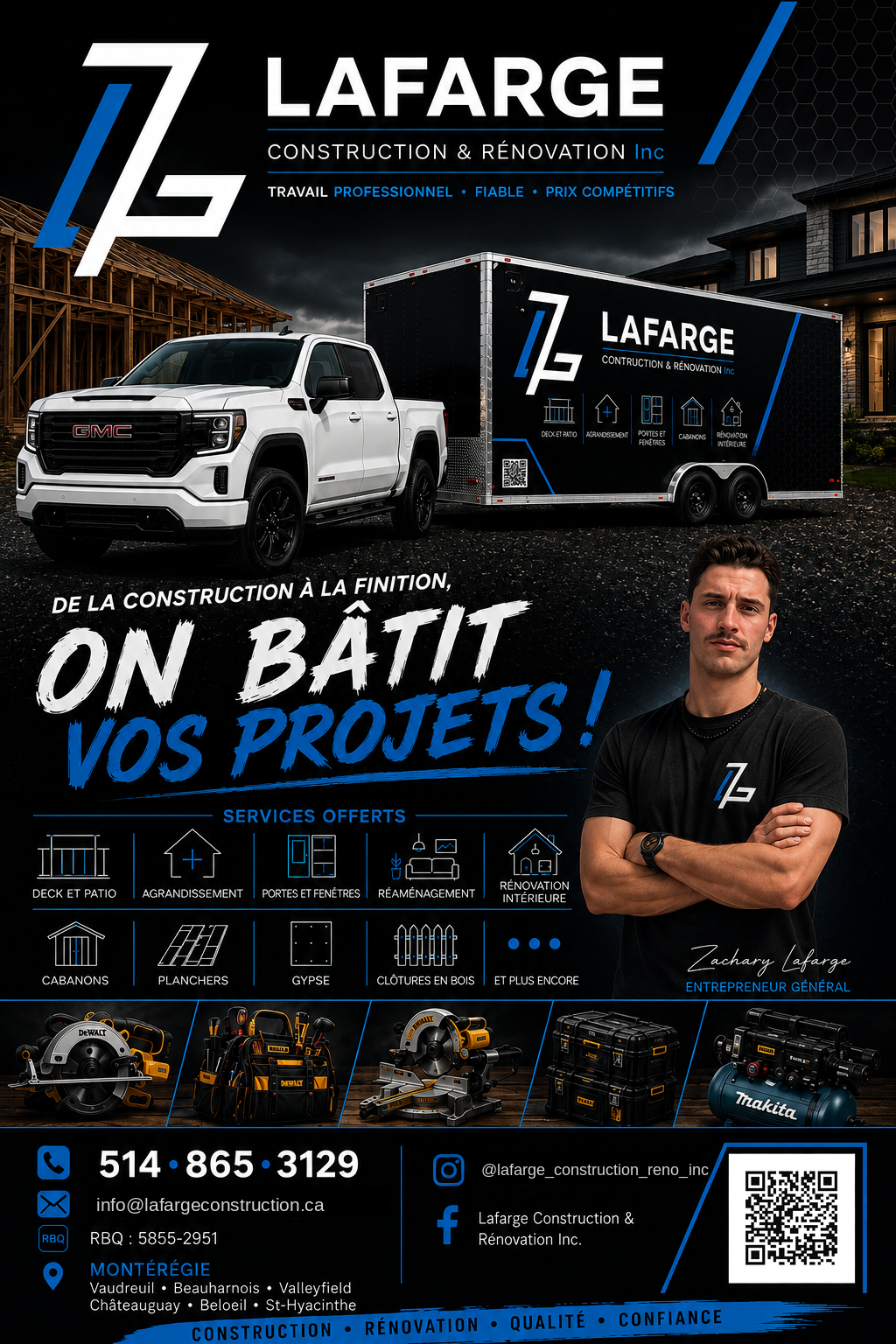 LAFARGE Construction et Rénovation Inc. — Flyer avec Zachary Lafarge, services et coordonnées en Montérégie